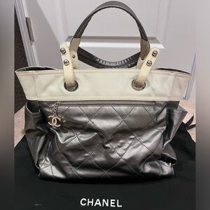 Sold-CHANEL Coated Canvas Quilted Large Paris Biarritz Tote Beige
